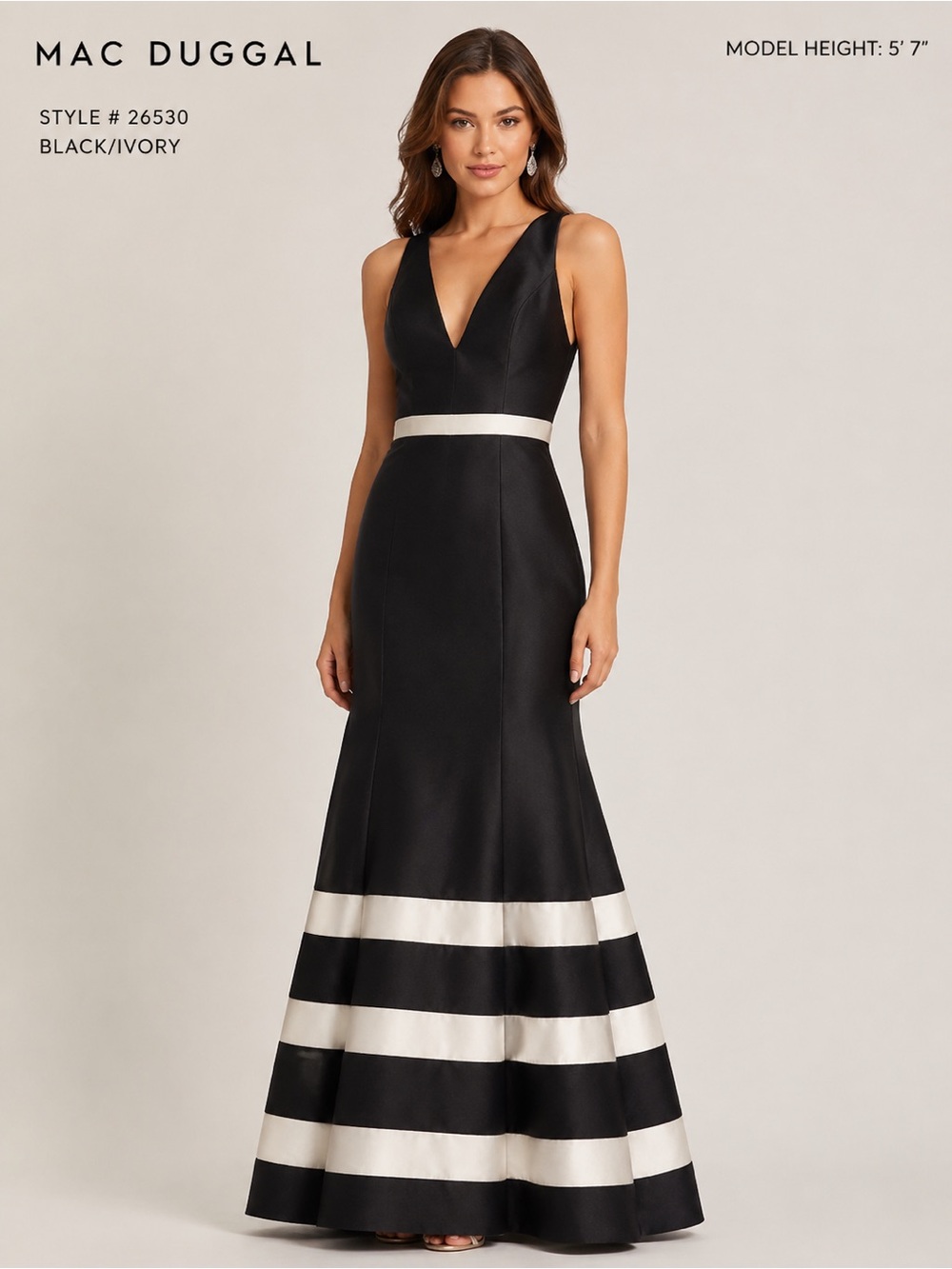 Mac Duggal Black & White V-Neck Striped Hem Evening Gown